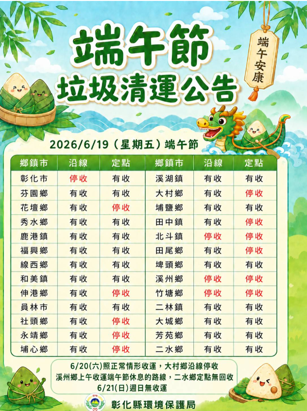  端午節連假各公所清運時間，請民眾注意收運資訊