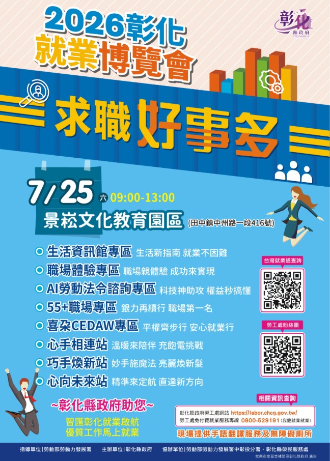 彰化縣115年「求職好事多」第4場大型就業博覽會於7月25日登場 36家企業釋出一千個以上職缺 邀民眾把握求職良機