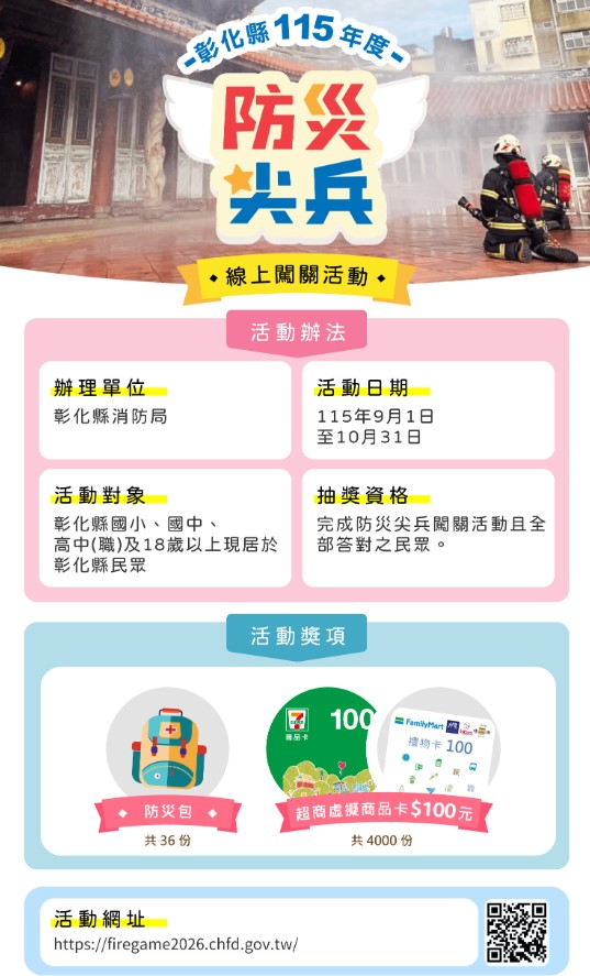 彰化縣「115年度防災尖兵線上闖關活動」9月1日開跑 數位防災再升級，完成闖關抽好禮！
